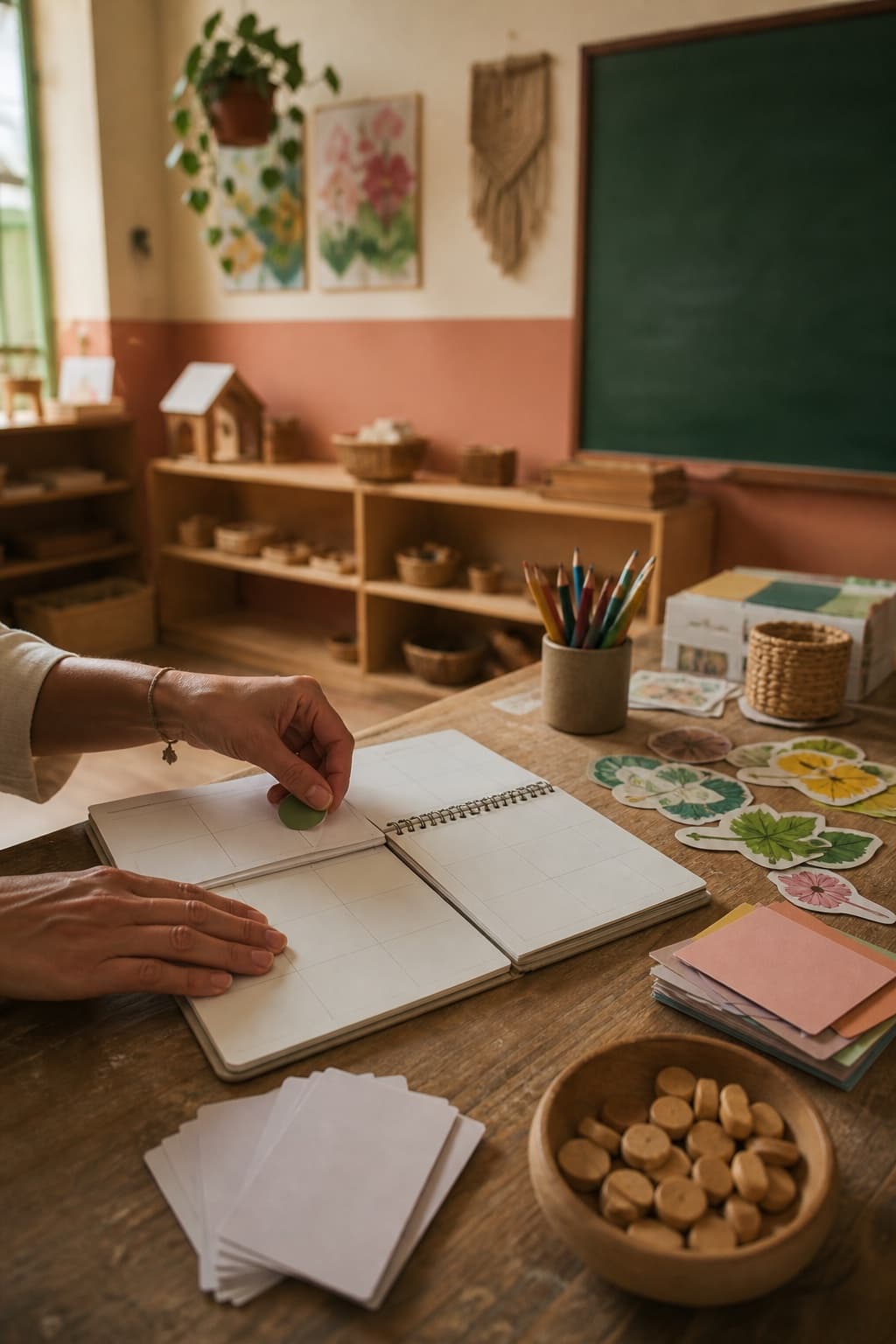 Manos de una docente organizando materiales de preescolar